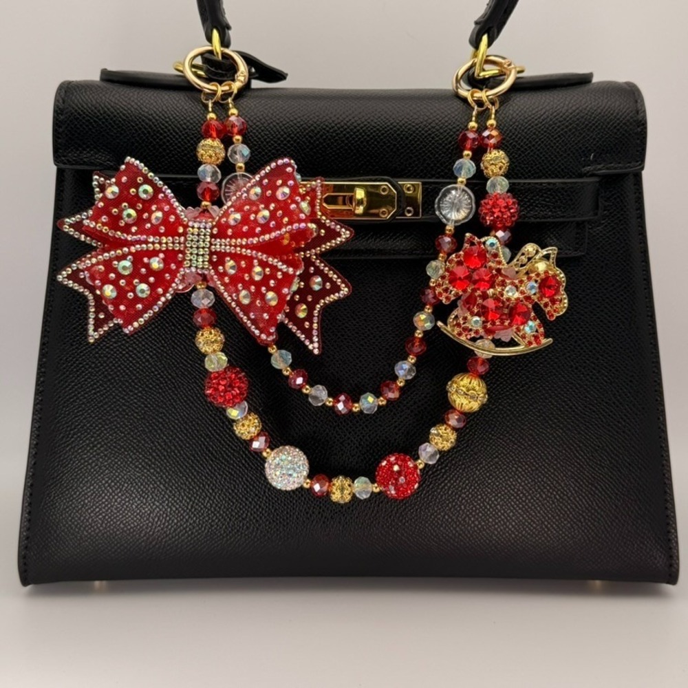 Red Bow Bag Charm Crystal Beaded Purse Charm Rocking Horse Keychain Gold Tone‎